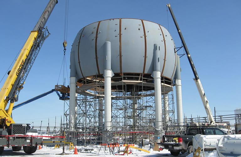 Spherical pressure vessels per ASME Sect.VIII Div.1, SA-516.70 1.25” (32mm) plate, two (2) 35ft (10.7m) dia., one (1) 45ft (13.7m) dia. shop fabrication and pre-assembly at Dimartech facility